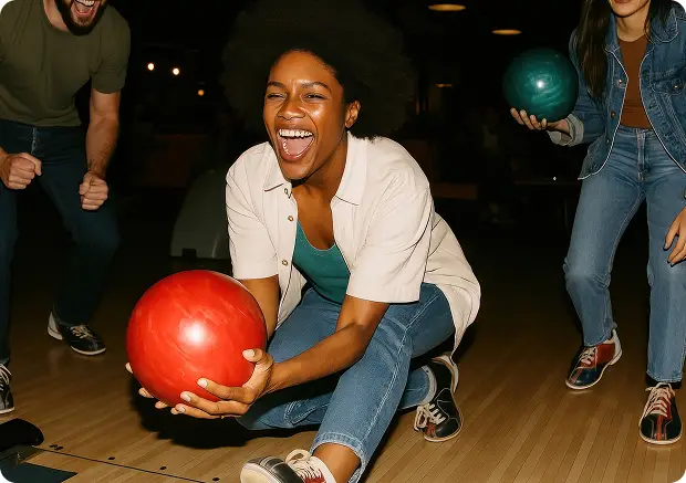Smiling woman kneeling with a red bowling ball during a casual game