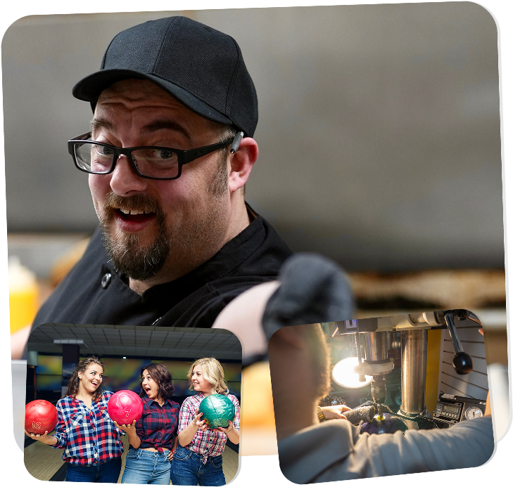 Friendly staff member wearing a cap and glasses at a bowling venue