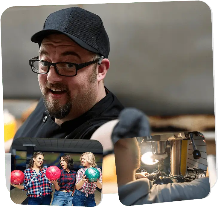Friendly staff member wearing a cap and glasses at a bowling venue