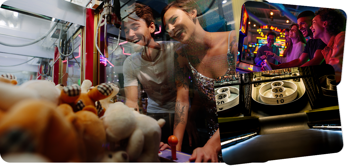 Smiling couple laughing and having fun playing arcade games at Cactus Bowl