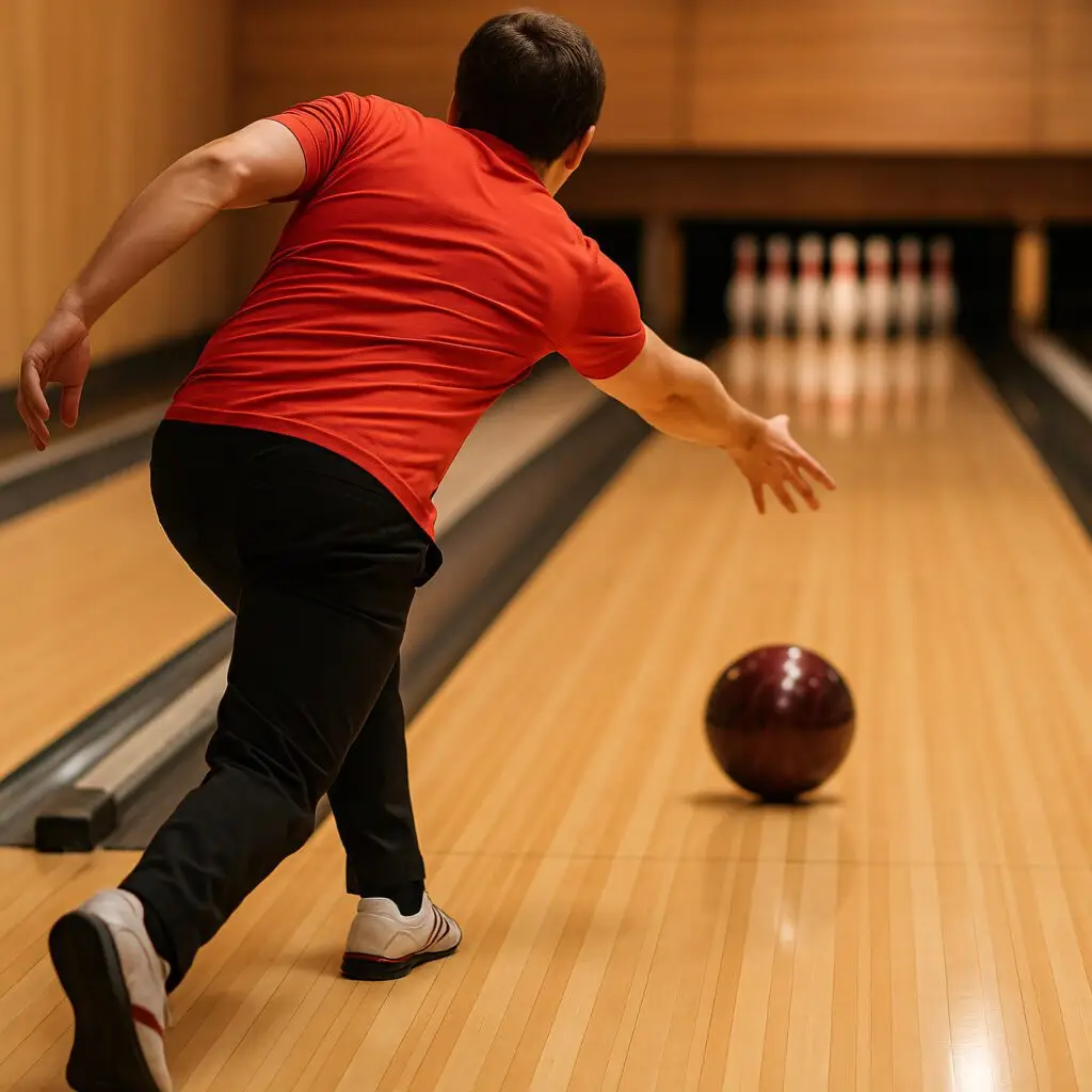 Man in a red shirt mid-throw rolling a bowling ball down the lane at Cactus Bowl