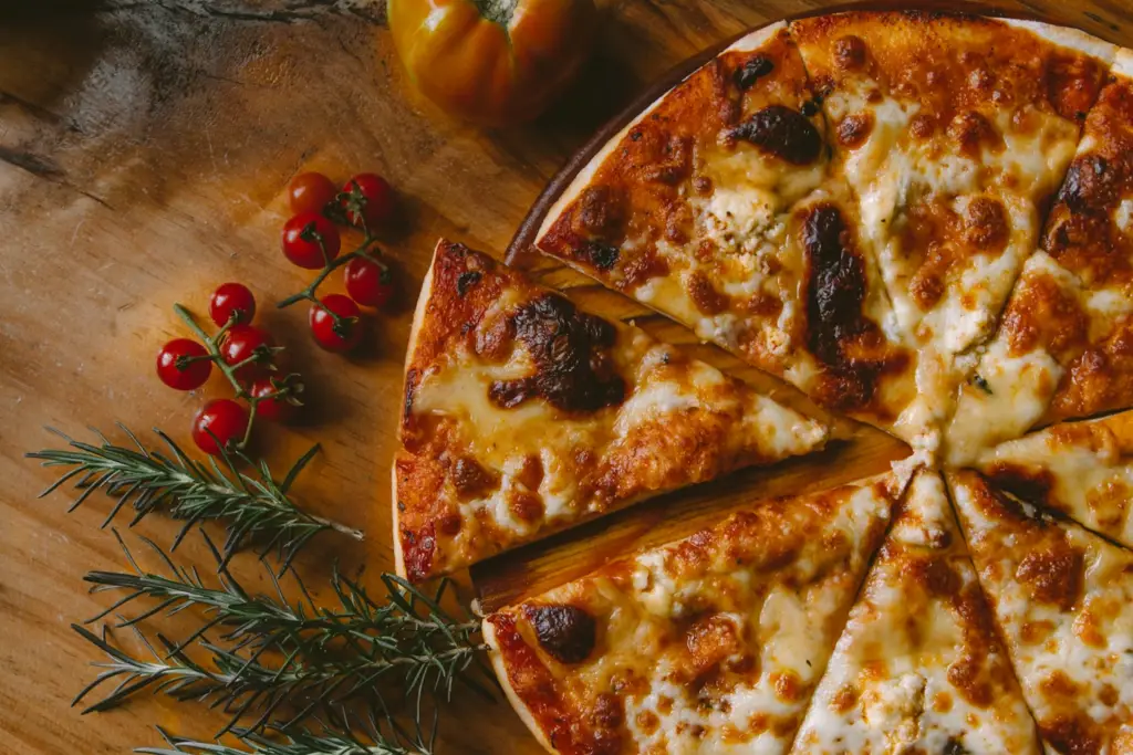 Wood-fired pizza topped with cherry tomatoes and fresh rosemary