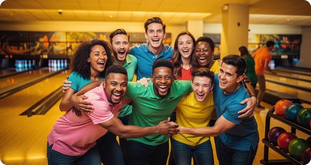 Group of friends cheering and celebrating together at the bowling alley