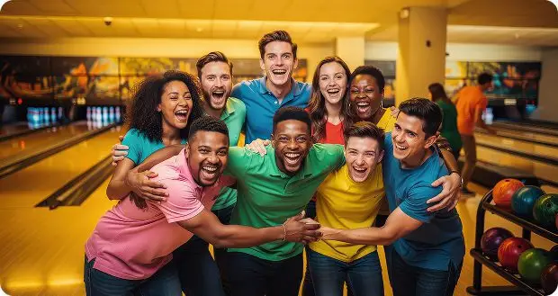 Group of friends cheering and celebrating together at the bowling alley