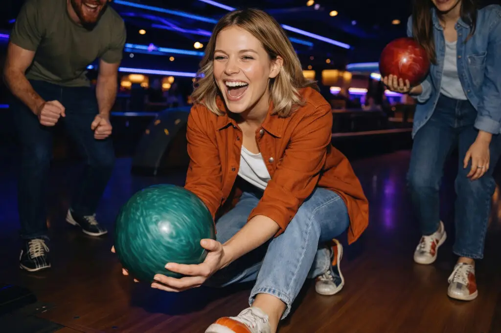 Friends laughing together while bowling at Cactus Bowl