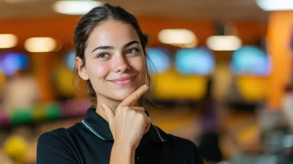 Smiling woman relaxing at a colorful bowling alley