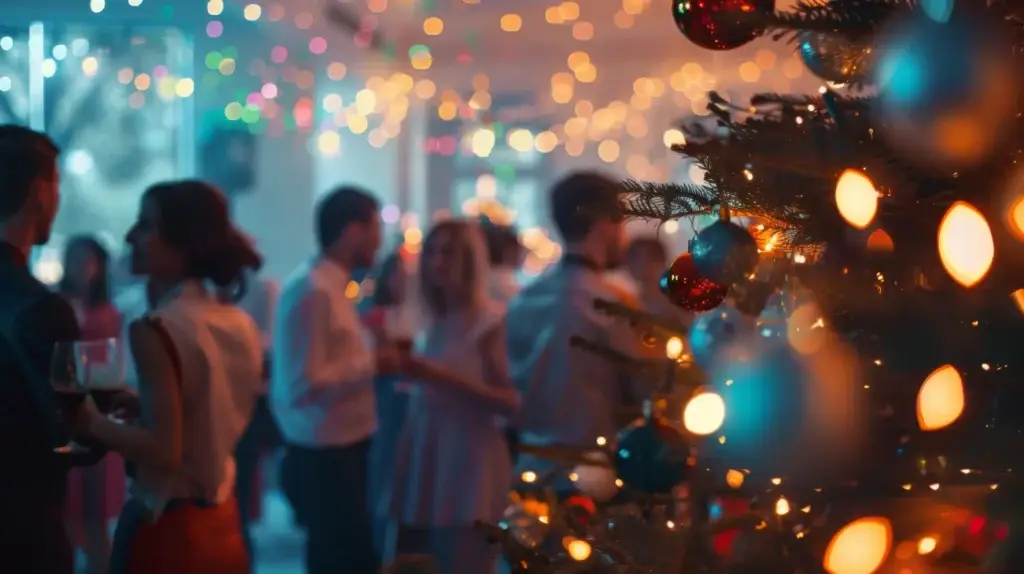 Decorated Christmas tree in the foreground with a holiday party blurred in the background