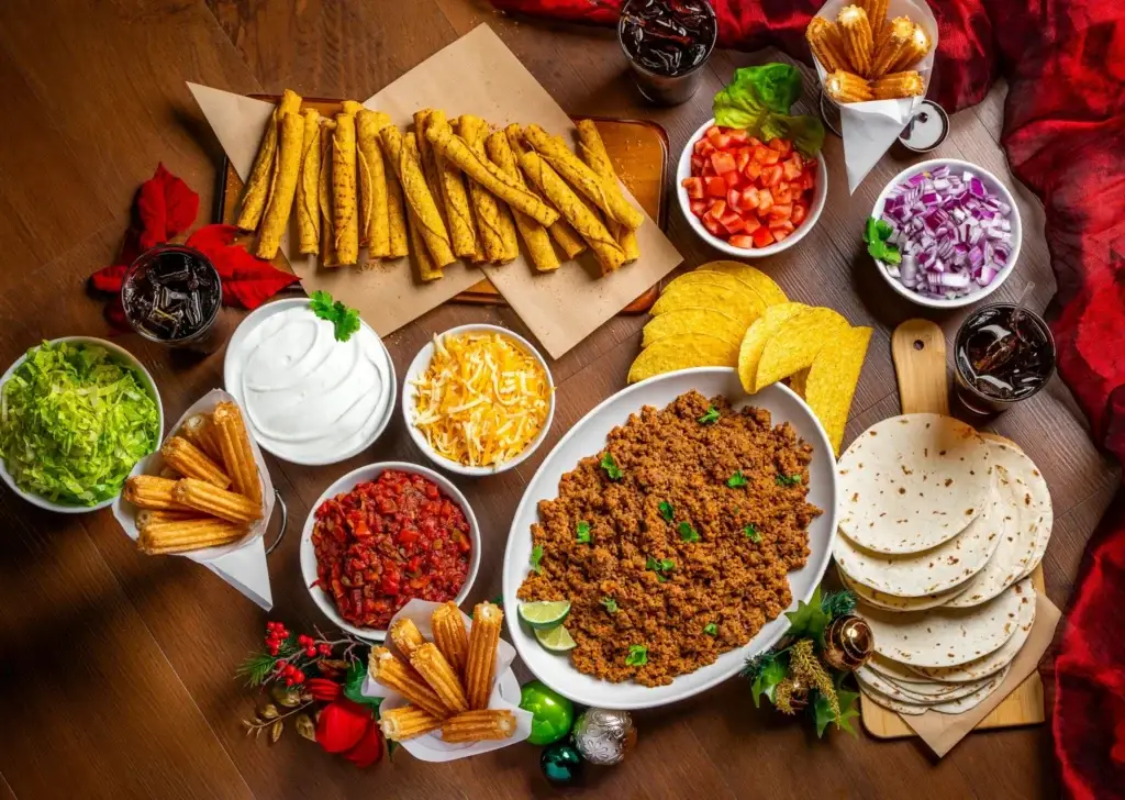 Spread of Mexican bar food including taquitos, salsa, guacamole, and tortillas